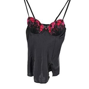 Apt 9 Intimates Womens Sz L Nightie Nightgown Black w/ Embroidered Pink Flowers